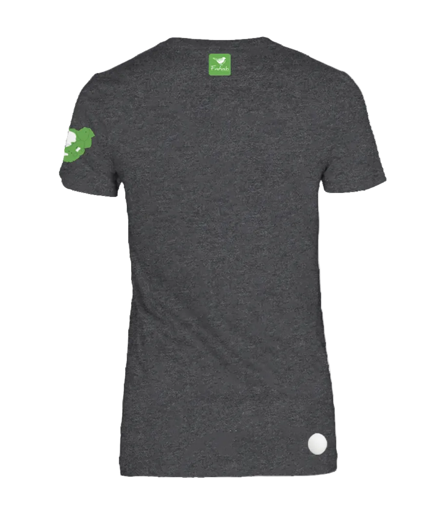 A charcoal melange t-shirt shown from the back.