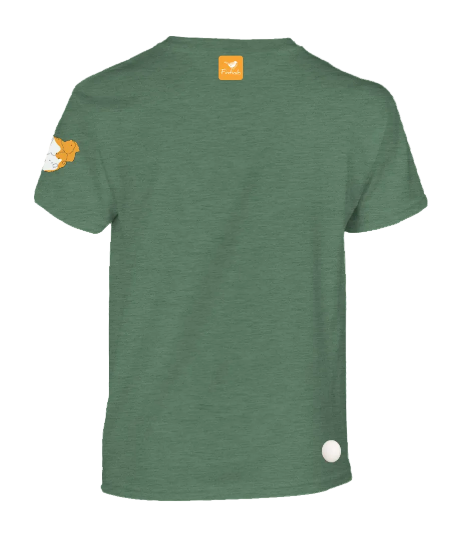 A green short-sleeve t-shirt shown from the back.