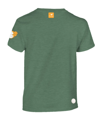 A green short-sleeve t-shirt shown from the back.