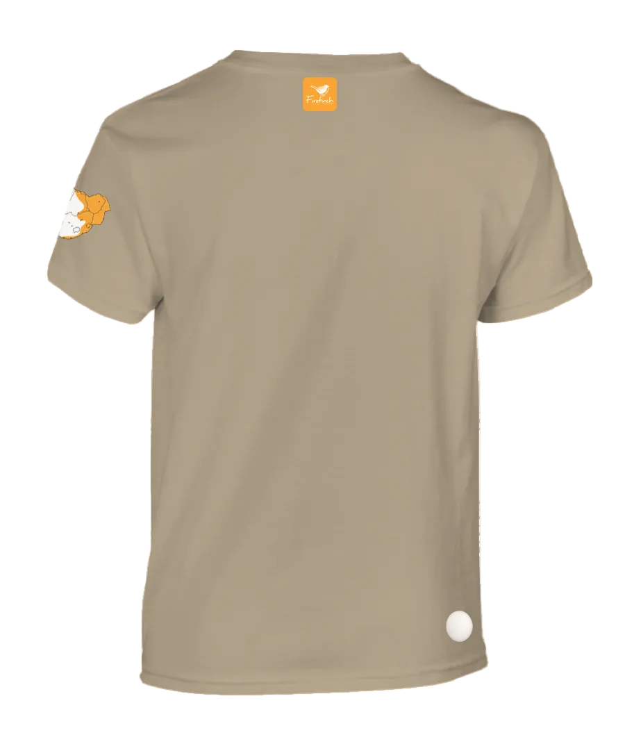 A stone short-sleeve t-shirt shown from the back.