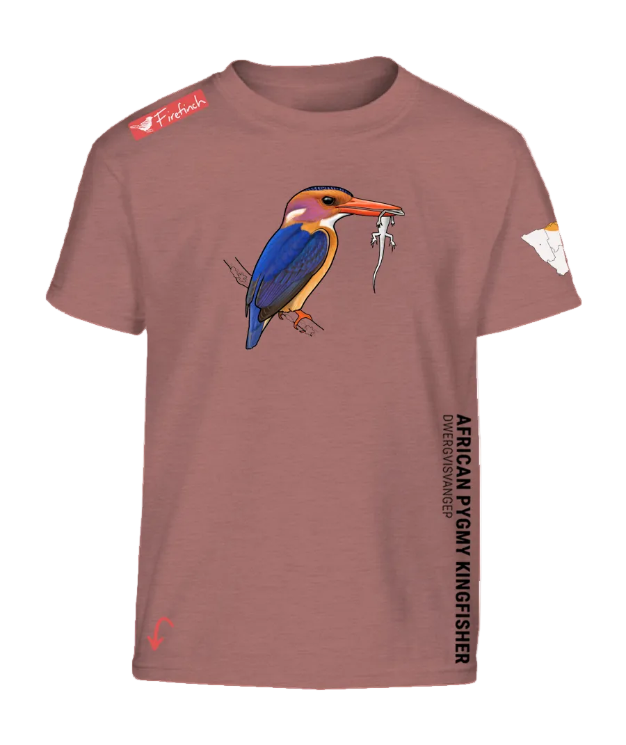 A coral pink short-sleeve t-shirt featuring a colorful graphic of an African Pygmy Kingfisher on the front.