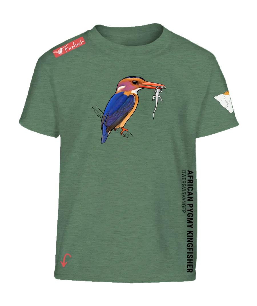 A green short-sleeve t-shirt featuring a colorful graphic of an African Pygmy Kingfisher on the front.