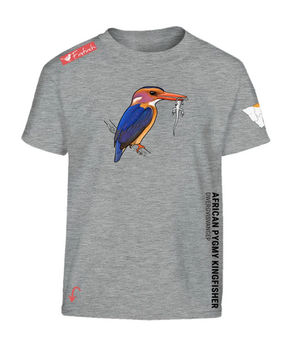 A grey melange short-sleeve t-shirt featuring a colorful graphic of an African Pygmy Kingfisher on the front.