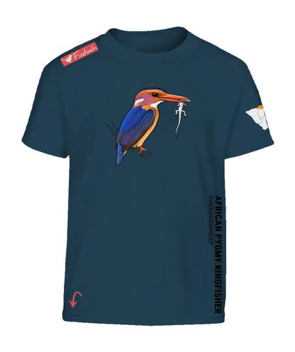 A petrol blue short-sleeve t-shirt featuring a colorful graphic of an African Pygmy Kingfisher on the front.