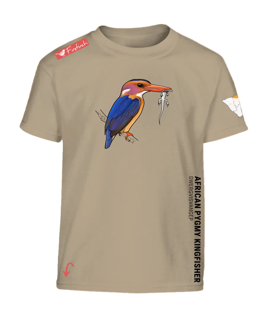 A stone colored short-sleeve t-shirt featuring a colorful graphic of an African Pygmy Kingfisher on the front.