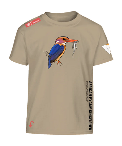 A stone colored short-sleeve t-shirt featuring a colorful graphic of an African Pygmy Kingfisher on the front.