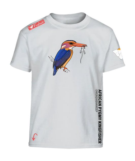 A white short-sleeve t-shirt featuring a colorful graphic of an African Pygmy Kingfisher on the front.