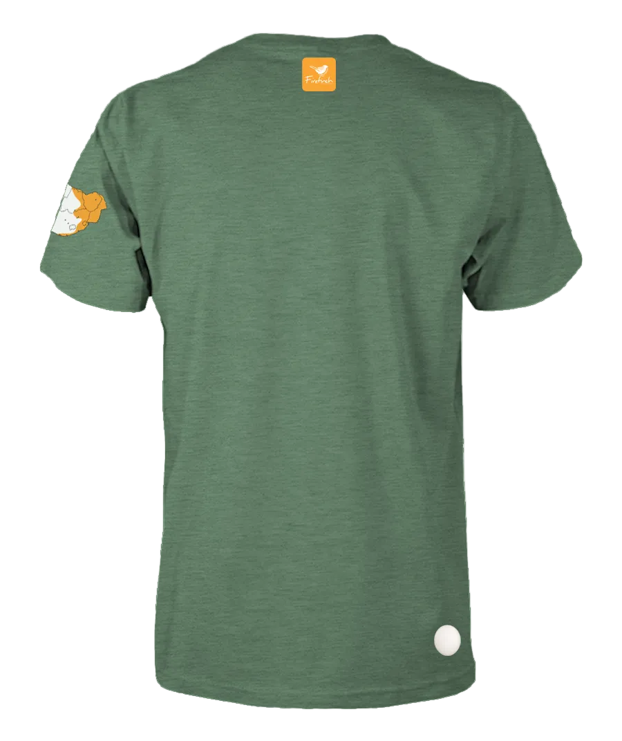A green short-sleeve t-shirt shown from the back.