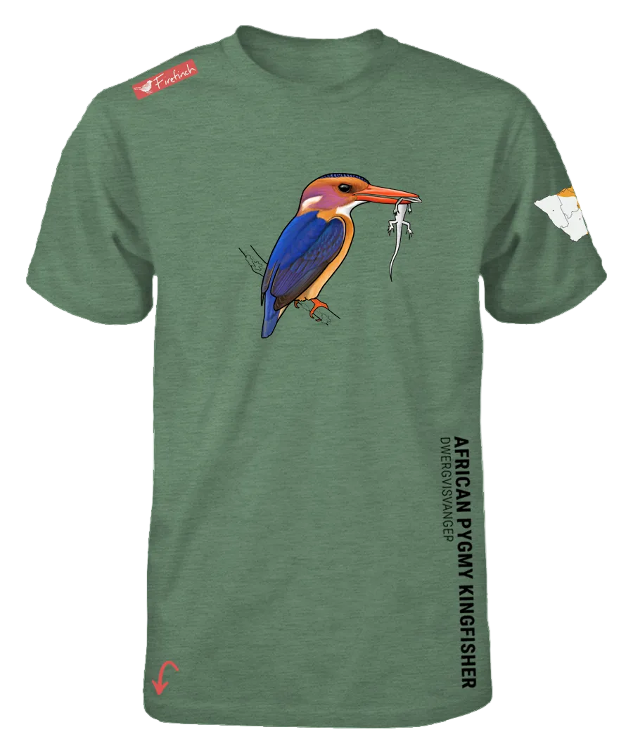 A heather green short-sleeve t-shirt featuring a detailed graphic of an African Pygmy Kingfisher.