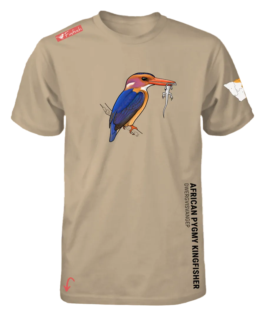 A stone short-sleeve t-shirt with a colorful graphic of an African Pygmy Kingfisher.