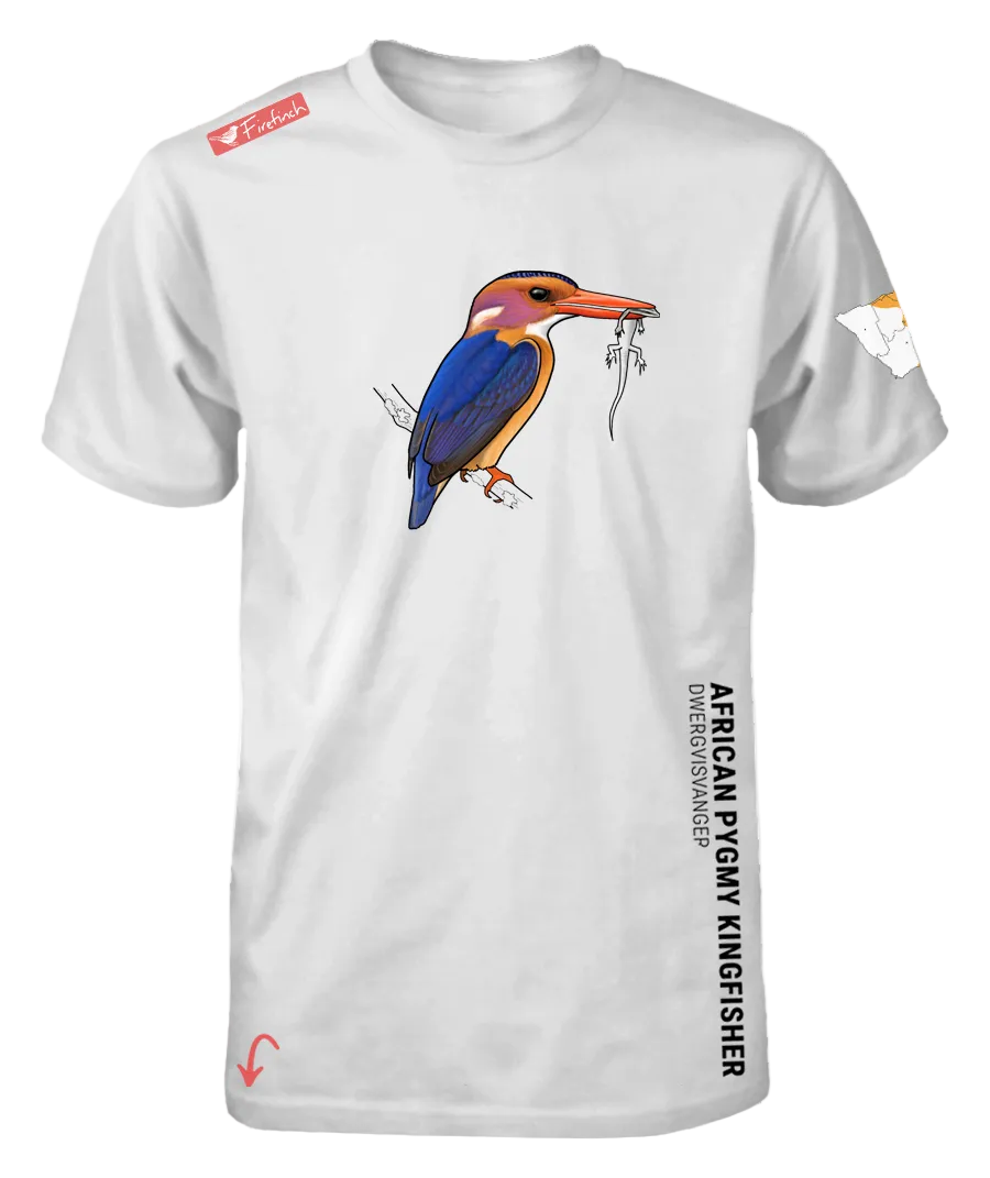 A white short-sleeve t-shirt featuring a detailed graphic of an African Pygmy Kingfisher.