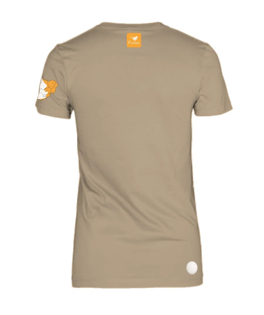 A stone colored short-sleeve t-shirt shown from the back.