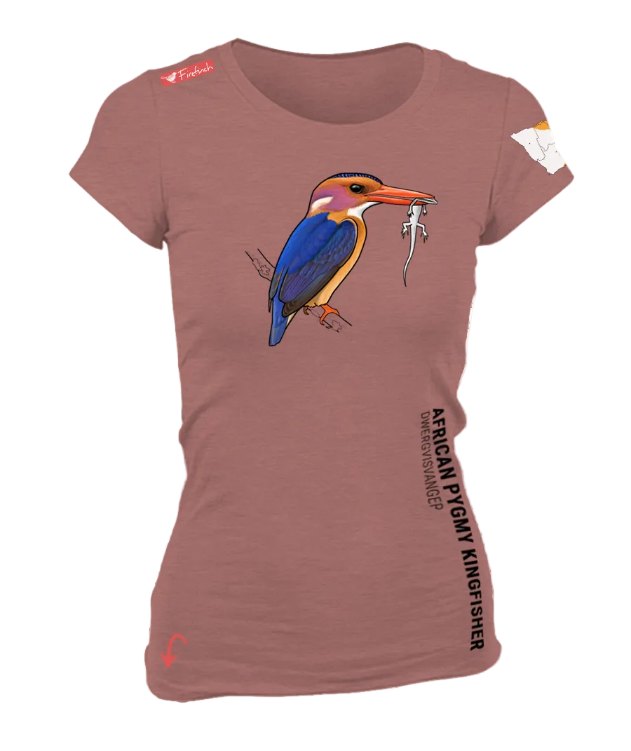 A women's short-sleeve crewneck t-shirt in a coral pink, featuring a colorful graphic of an African Pygmy Kingfisher.