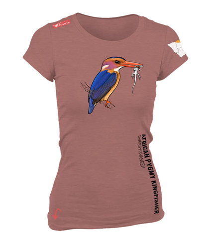 A women's short-sleeve crewneck t-shirt in a coral pink, featuring a colorful graphic of an African Pygmy Kingfisher.