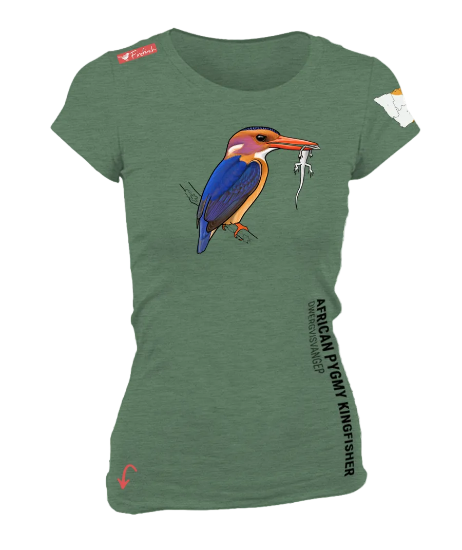A women's short-sleeve crewneck t-shirt in green, featuring a colorful graphic of an African Pygmy Kingfisher.