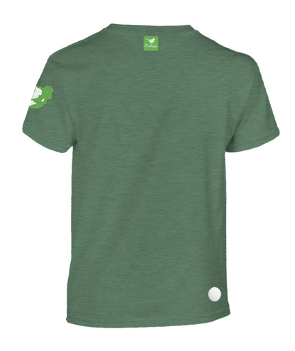 A green short-sleeve t-shirt shown from the back.
