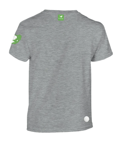 A grey melange short-sleeve t-shirt shown from the back.