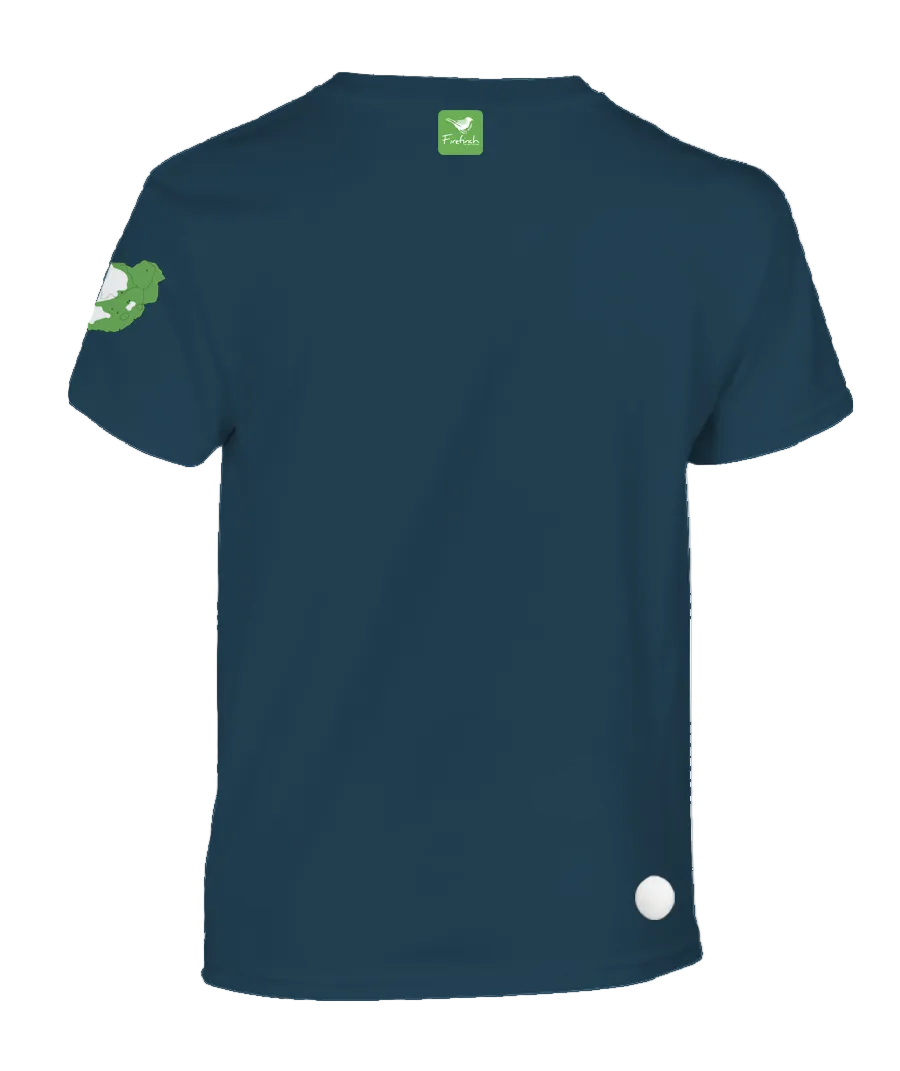 A petrol blue short-sleeve t-shirt shown from the back.