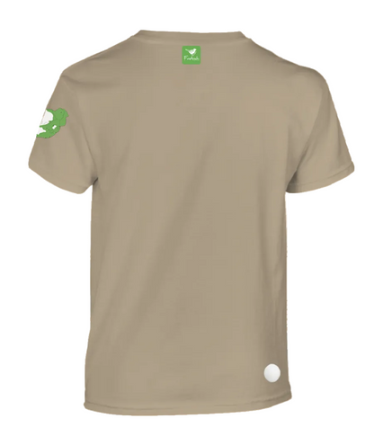 A stone colored short-sleeve t-shirt shown from the back.