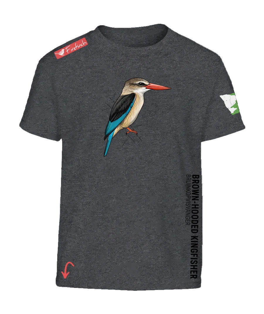 A charcoal melange t-shirt featuring a detailed graphic of a brown-hooded kingfisher on the front.
