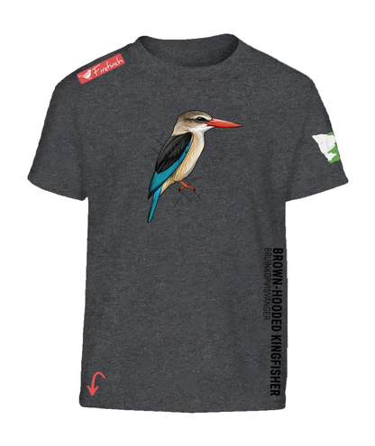 A charcoal melange t-shirt featuring a detailed graphic of a brown-hooded kingfisher on the front.
