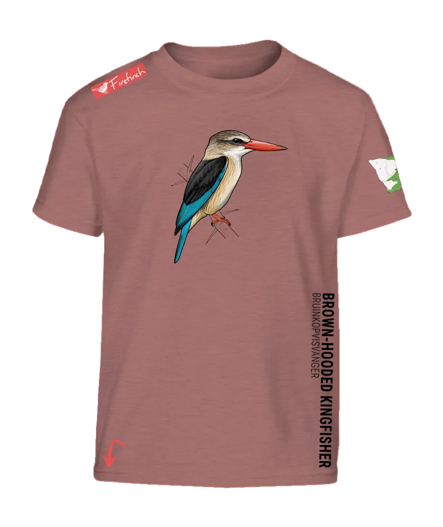 A coral pink short-sleeve t-shirt featuring a detailed graphic of a brown-hooded kingfisher on the front.