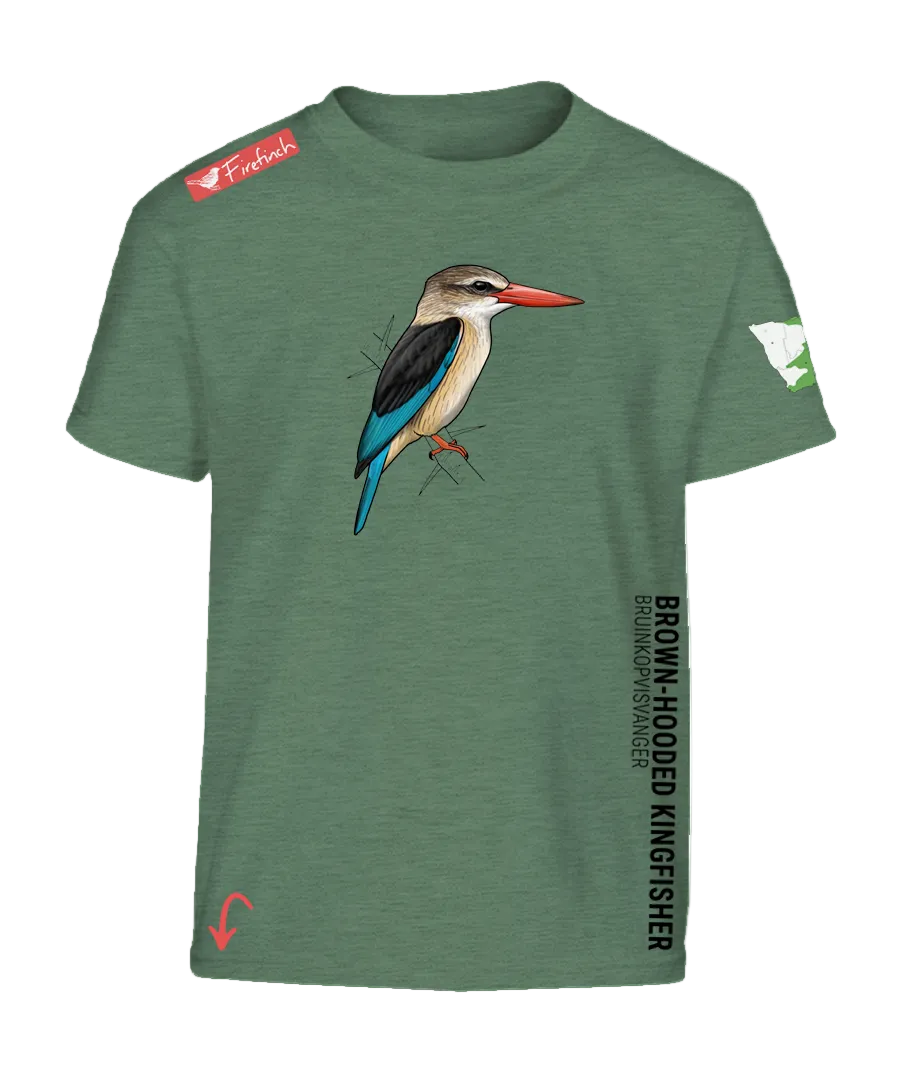 A green short-sleeve t-shirt featuring a detailed illustration of a brown-hooded kingfisher on the front.