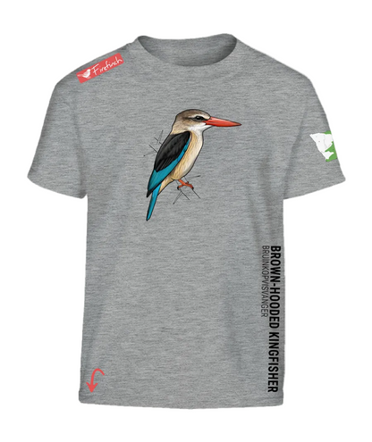 A grey melange short-sleeve t-shirt featuring a detailed graphic of a brown-hooded kingfisher on the front.  