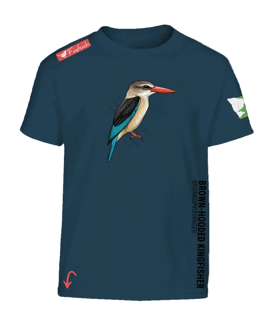 A petrol blue short-sleeve t-shirt featuring a detailed graphic of a brown-hooded kingfisher on the front.