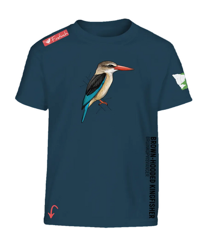 A petrol blue short-sleeve t-shirt featuring a detailed graphic of a brown-hooded kingfisher on the front.