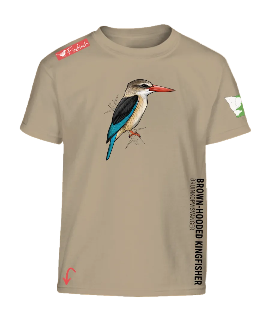 A stone colored short-sleeve t-shirt featuring a detailed graphic of a brown-hooded kingfisher  on the front.  