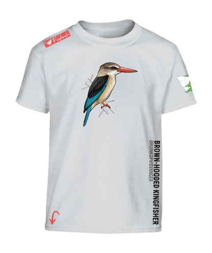 A white short-sleeve t-shirt featuring a detailed illustration of a brown-hooded kingfisher on the front.