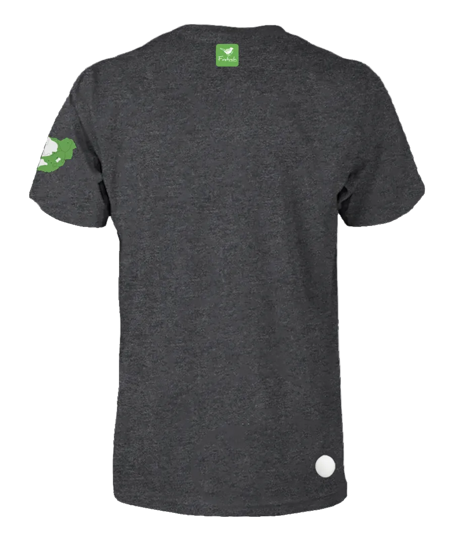 A charcoal melange t-shirt shown from the back.