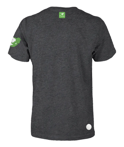 A charcoal melange t-shirt shown from the back.