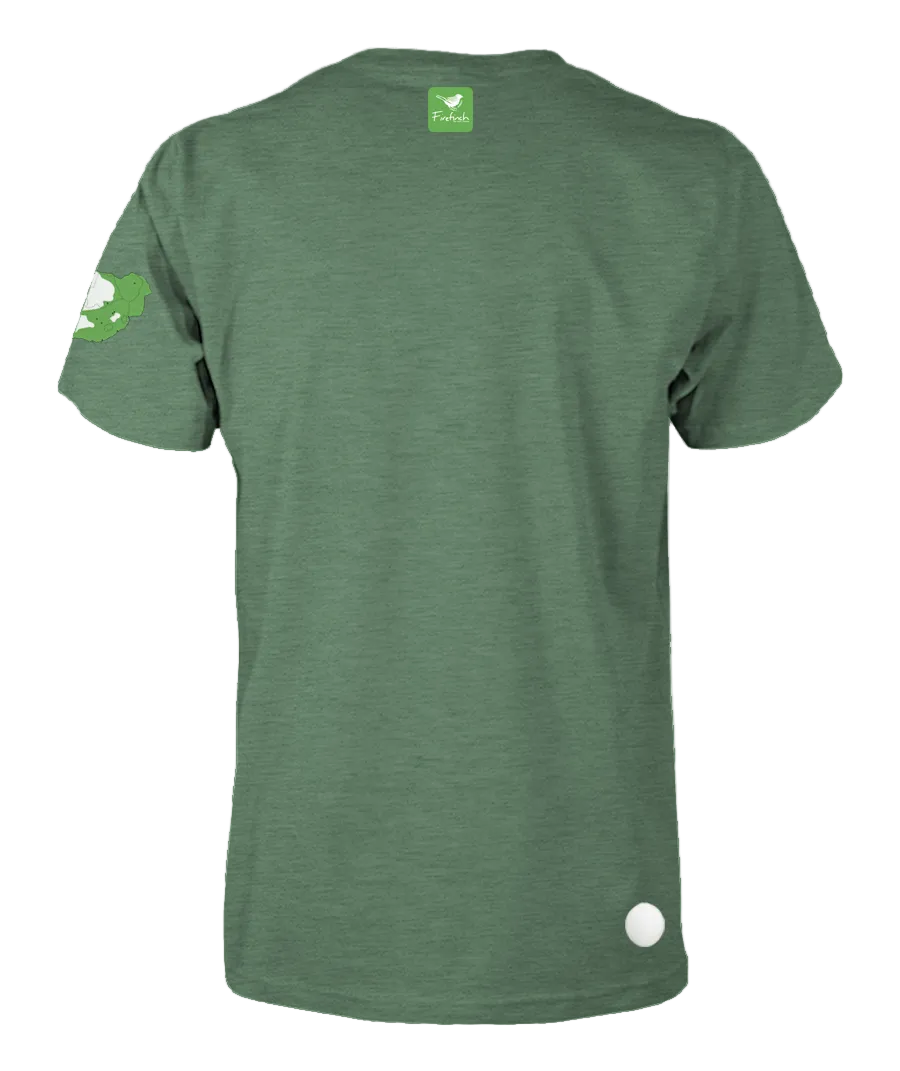 A green short-sleeve t-shirt shown from the back.
