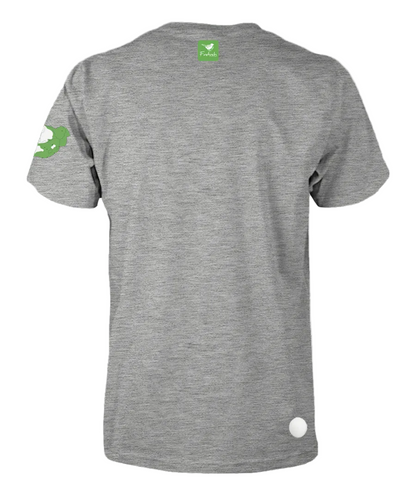 A grey melange short-sleeve t-shirt shown from the back.