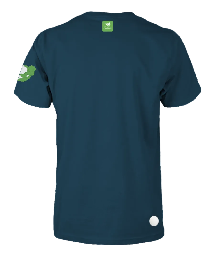A petrol blue short-sleeve t-shirt shown from the back.