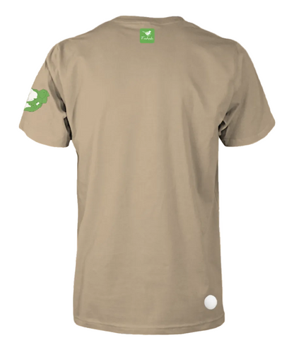 A stone colored short-sleeve t-shirt shown from the back.