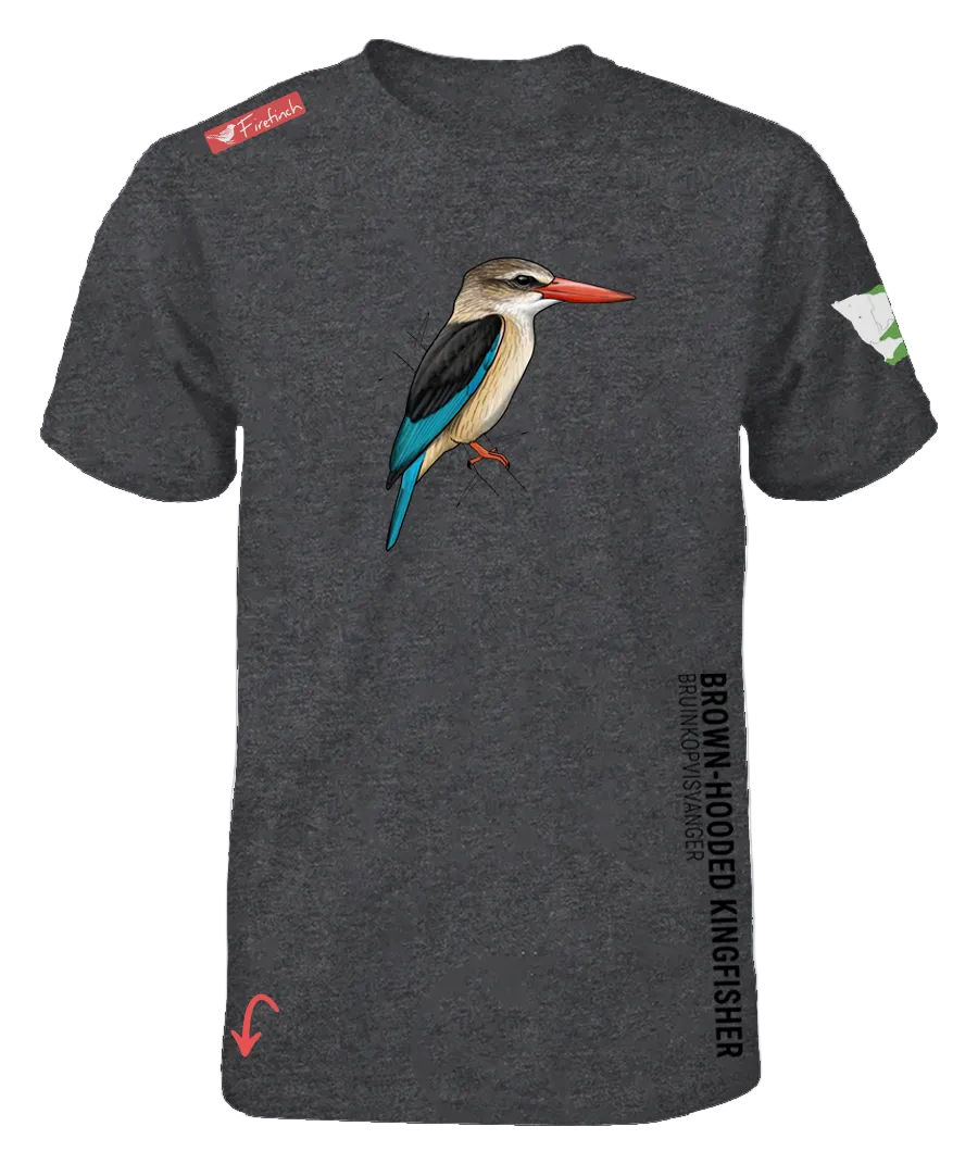 A charcoal melange t-shirt featuring a colorful graphic of a brown-hooded kingfisher on the front.