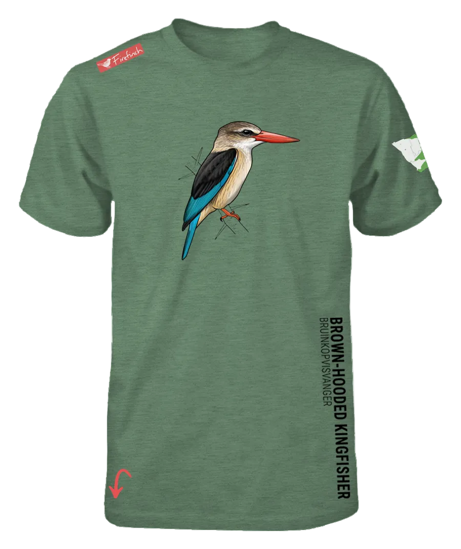 A green short-sleeve t-shirt featuring a detailed graphic of a brown-hooded kingfisher on the front
