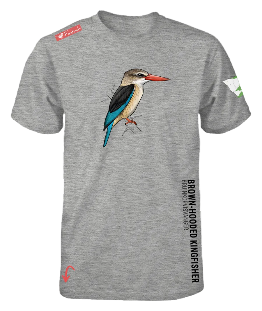A grey melange short-sleeve t-shirt featuring a detailed graphic of a brown-hooded kingfisher on the front. 