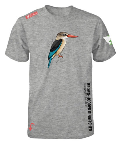 A grey melange short-sleeve t-shirt featuring a detailed graphic of a brown-hooded kingfisher on the front. 