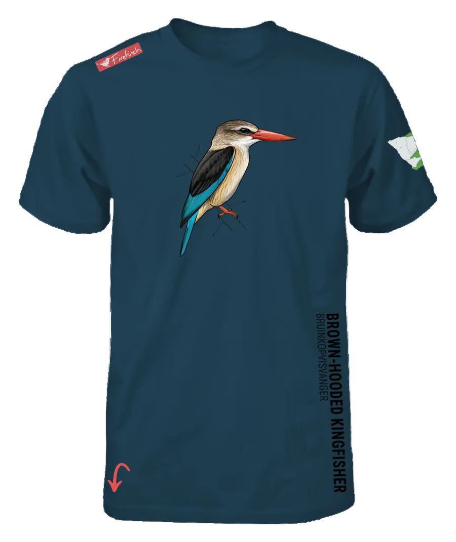 A petrol blue t-shirt featuring a detailed graphic of a brown-hooded kingfisher bird on the front.