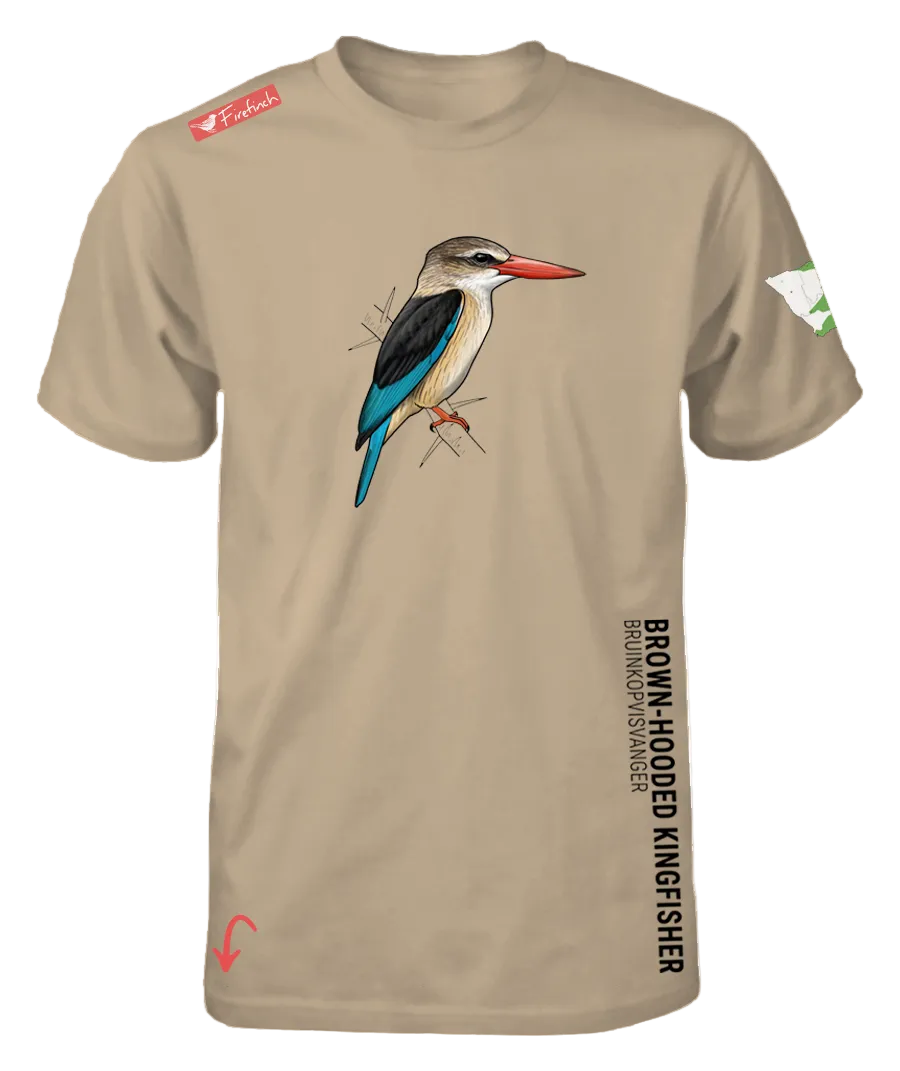 A stone colored short-sleeve t-shirt featuring a detailed graphic of a brown-hooded kingfisher on the front.