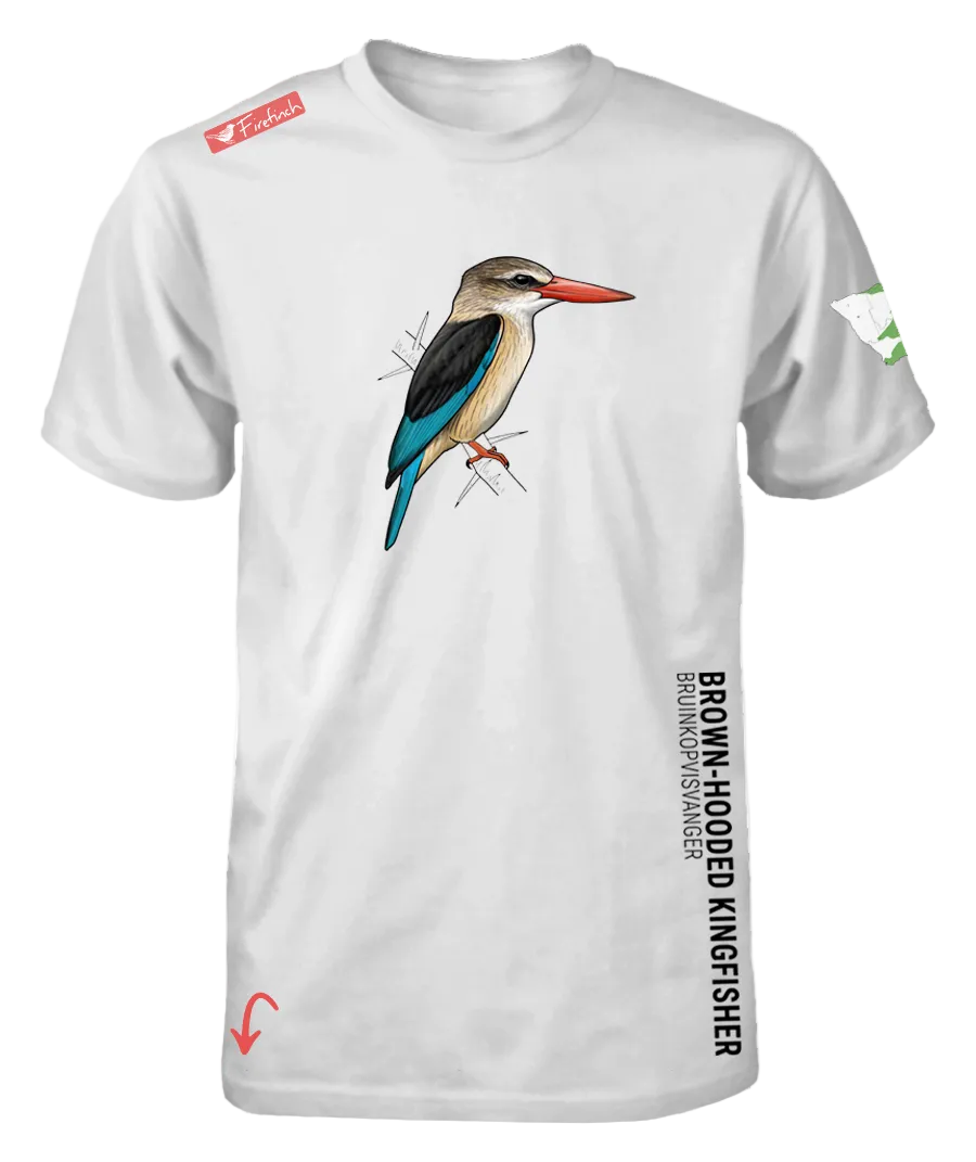 A white short-sleeve t-shirt featuring a detailed graphic of a brown-hooded kingfisher on the front.
