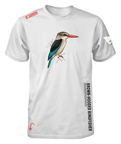A white short-sleeve t-shirt featuring a detailed graphic of a brown-hooded kingfisher on the front.
