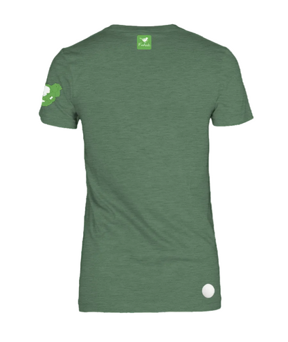 A green woman's short-sleeve t-shirt shown from the back.