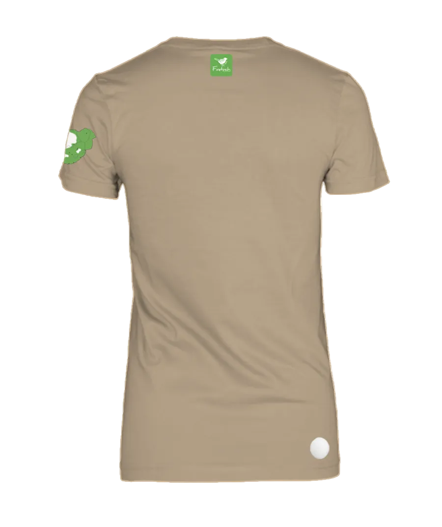 A stone colored short-sleeve t-shirt shown from the back.