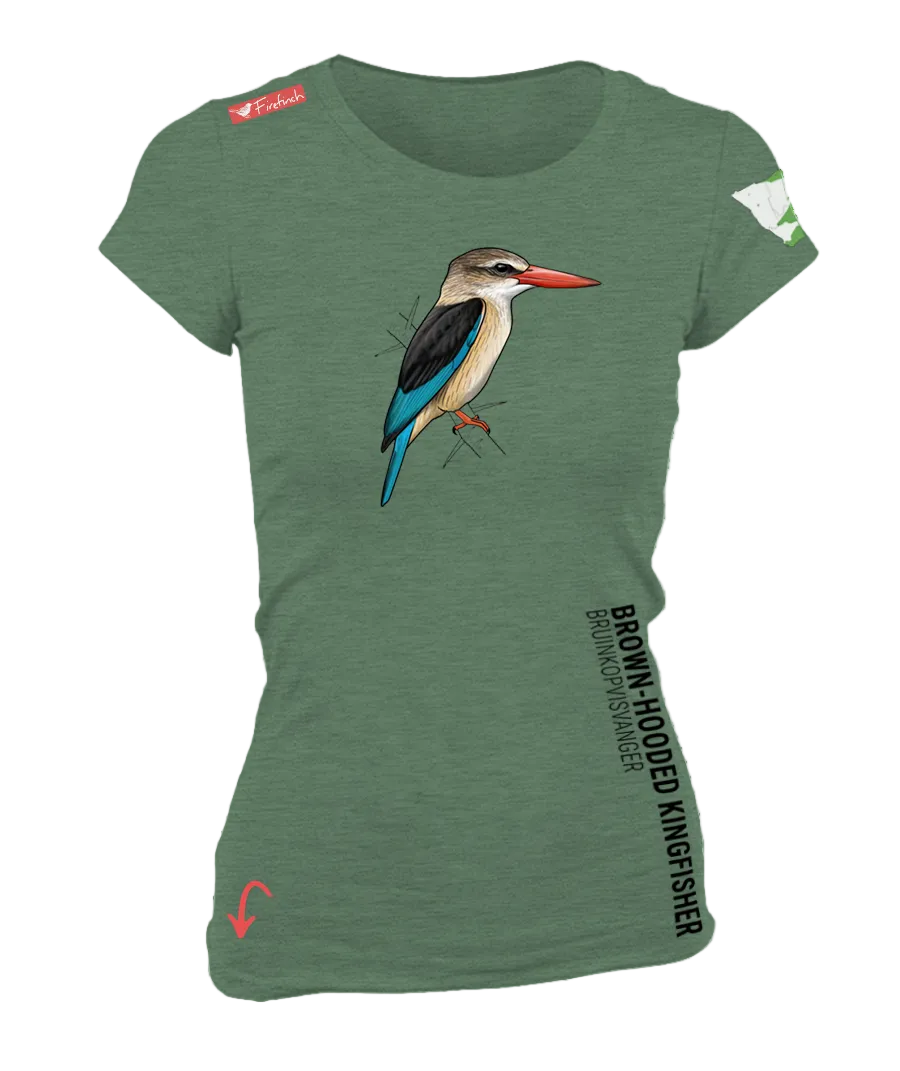 A green woman's short-sleeve t-shirt featuring a brown-hooded kingfisher graphic on the front.