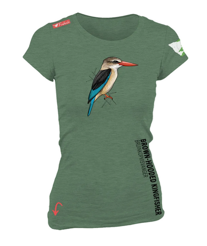 A green woman's short-sleeve t-shirt featuring a brown-hooded kingfisher graphic on the front.